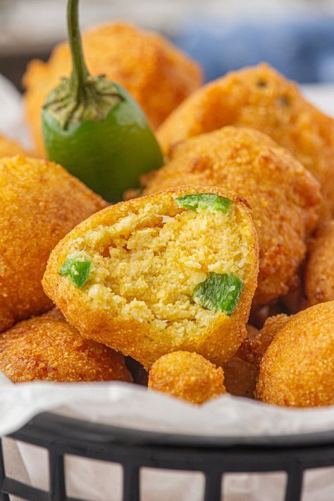 Southern Hush Puppies with Jalapeno and Onion are a crispy, spicy delight. Perfect for any Southern-inspired seafood meal, these are a must-try! Follow for more delicious recipes! Jalapeño Hush Puppies, Southern Hush Puppies Recipe, Southern Hush Puppies, Hush Puppies Recipe, Restless Chipotle, Cornbread Salad, Spoon Bread, Popular Side Dishes, Pecan Ice Cream