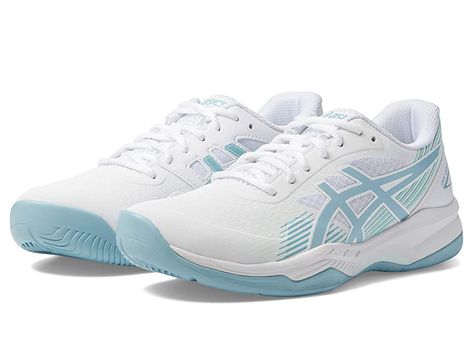 ASICS GEL-Game 8 - Women's Shoes : White/Smoke Blue : Tennis sneakers made for play on hard courts. Lightweight construction for continuous comfort during long hours of wear. Breathable mesh upper with synthetic overlays for added reinforcement and durability. PU FILM covering vamp protects upper from delamination throughout aggressive playing. Built with a wider heel cage to allow for better stability off the rear of the rearfoot. Lace-up closure. Padded tongue and collar. Molded foam footbed. Blue Asics Shoes, Asics Volleyball Shoes Woman, Blue Volleyball Shoes, Asics Shoes Volleyball, Asics Shoes Women, Shoe Ideas For Women, Volleyball Shoes Womens, Blue Asics, Shoes Volleyball