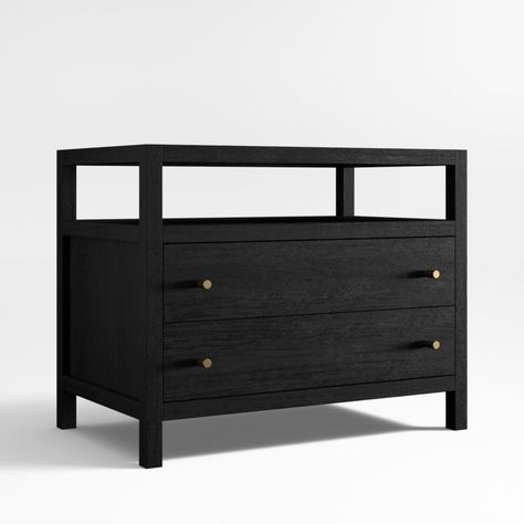 Refined and bold, Keane takes bedroom furniture beyond simple storage. Scaled to create a stately presence in the bedroom, each piece is crafted of beautiful mahogany finished with wirebrushing and a black stain to bring out the grain. The nightstand features two roomy drawers and floats a top shelf for convenient bedside storage. A powerstrip inside the top drawer makes it easy to charge devices.   • Designed by Bill Eastburn of William Eastburn Design  • FSCr mahogany wood, meranti veneer and Oversized Bedside Table, Large Black Nightstands, Black Nightstand Bedroom, Mahogany Nightstand, Wide Nightstand, Charging Nightstand, Black Nightstands, Night Stands Bedroom, Black Mid Century Modern