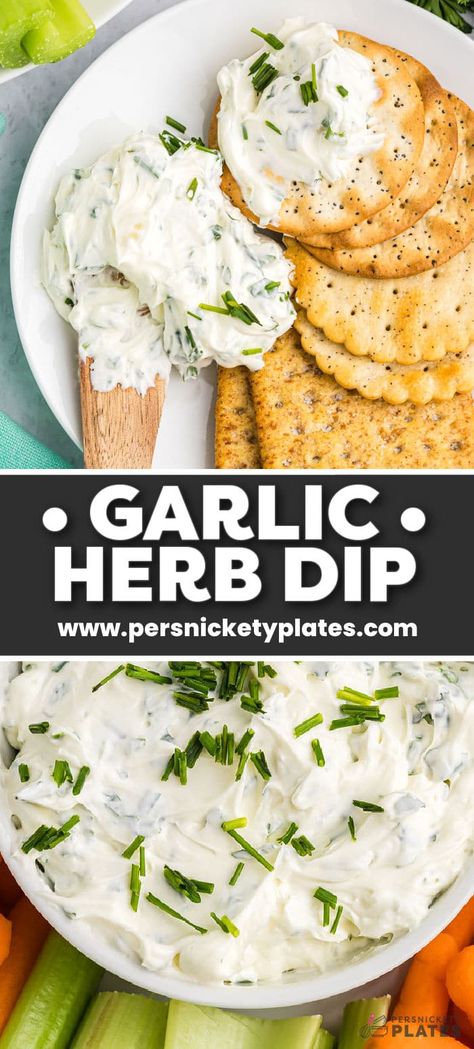 Garlic Herb Dip starts with a cream cheese base and then is filled with fresh herbs. Pair this super easy dip recipe with crackers, chips, or veggies to make the perfect quick snack for your next party or game day. Alouette Garlic Herb Cheese Recipe, Cream Cheese Cracker Dip, Cracker Dip Recipe, Garlic Herb Dip, Snack Dips, Fresh Cheese Recipe, Cheese Chip Dip, Cream Cheese Snacks, Persnickety Plates