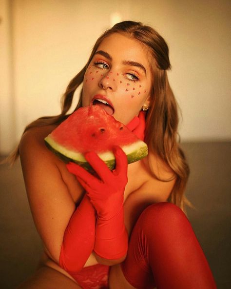 Watermelon Photoshoot, Home Photo Shoots, Forbidden Fruit, Photoshoot Concept, Cinematic Photography, Manado, Photoshoot Inspiration, Blonde Girl, Watermelon