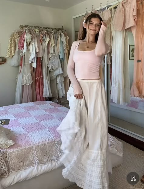 Long Skirt Girly Outfits, Cotteque Aesthetic Outfits, Sweaters And Long Skirts, Coquette Outfit Long Skirt, Coquette Maxi Skirt, White Skirt Pink Top Outfit, White Flowy Top Outfit, Coquette Church Outfits, Outfit With Long White Skirt