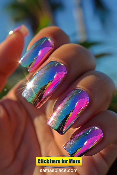 Eye-catching summer nails with a rainbow chrome finish, creating a vibrant and dynamic look perfect for summer festivities. Chrome Summer Nails, Chrome Nail Designs, Blue Chrome Nails, Summer Nails Ideas, Chrome Nails Designs, Chrome Nail, Nails Design With Rhinestones, Nail Care Routine, Animal Print Nails