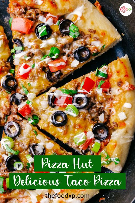 Make this copycat Pizza Hut Taco Pizza recipe for your fast food cravings. It is super easy to make with just a handful of pantry staples. Read the step-by-step recipe on the official website of TheFoodXP. #pizzahuttacopizzarecipe #pizzahuttacopizza #pizzahuttacopizzacopycat Pizza Hut Taco Pizza Recipe, Pizza Hut Taco Pizza, Homemade Taco Pizza, Pizza Skillet, Taco Pizza Recipe, Easy Taco Pizza, Taco Pizza Recipes, Skillet Pizza, Chicken Chow Mein