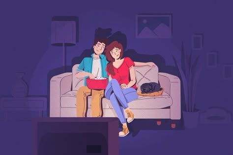 Couple watching tv in the night Free Vec... | Free Vector #Freepik #freevector #home #film #room #couple Couple Watching Movie Illustration, Couple Watching Tv Drawing, Family Watching Tv Illustration, Couples Watching Tv, Watching Tv Reference, Watching Tv Art, Movie Night Illustration, Watching Tv Drawing, Watching Tv Illustration