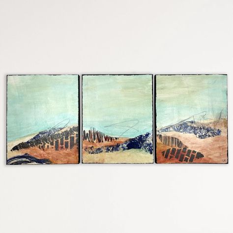 Original mixed media painting by Lindsay Keeling. This triptych features collage elements and acrylic paint for a peaceful vibe. Abstract landscape paintings. Triptych Abstract Painting, Being Vulnerable, Triptych Art, Collage Elements, Abstract Landscape Painting, Media Painting, Mixed Media Painting, Art Festival, Great Art