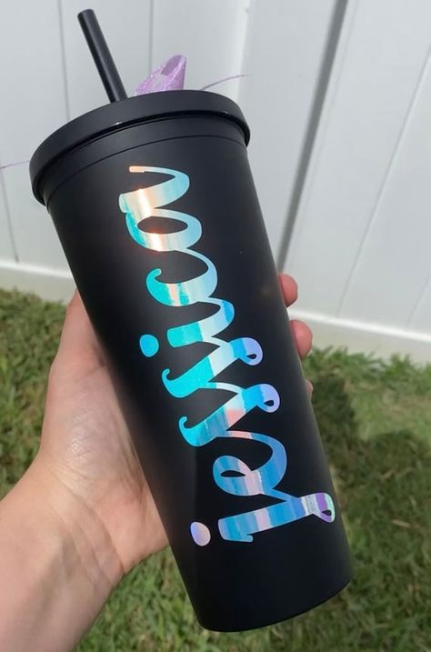 Black Tumbler Ideas, Tumbler Ideas Vinyl, Matte Tumbler, Black Tumbler, Vinyl Tumblers, Vinyl Gifts, Holographic Vinyl, Free Phone Wallpaper, Tumbler Ideas