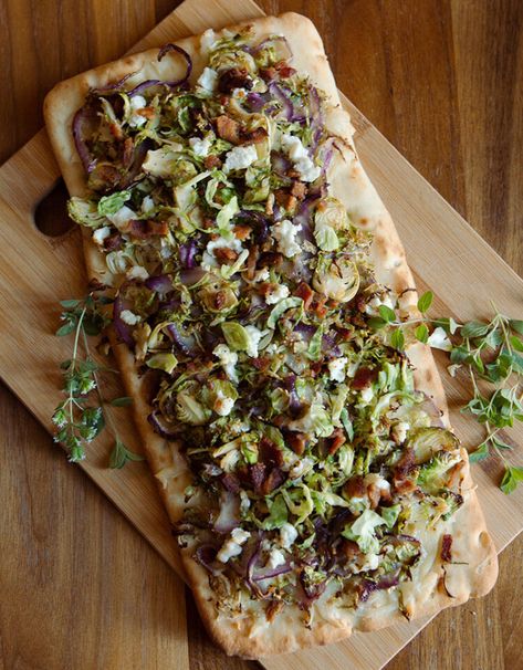 Brussels Sprouts and Bacon Flatbread Brussel Sprout Flatbread, Bacon Flatbread, Brussel Sprouts With Pancetta, Pancetta Pizza, Brussels Sprouts And Bacon, Sprouts And Bacon, Honey Pizza, Fall Appetizer, Flatbread Pizza Recipes