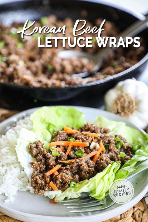 BEST appetizer! Here’s an easy Korean-style recipe that everyone will love! Even the kids!! Ground beef is coated in a sweet and savory Korean-style sauce and served inside a crisp lettuce cup for a 20-minute dinner recipe. It will be a family favorite and is so fun to share as an appetizer! Top with crunchy shredded carrots, your favorite slaw, and Yum Yum sauce or spicy mayo for a flavor-packed meal ready in no time. So dress these Delicious Korean Beef Lettuce Wraps with whatever you like! Shredded Beef Lettuce Wraps, Korean Ground Beef Lettuce Wraps, Thai Ground Beef Lettuce Wraps, Teriyaki Beef Lettuce Wraps, Asian Ground Beef Lettuce Wraps, Lettuce Hamburger Wraps, Korean Beef Wraps, Ground Beef Recipes Wraps, Ground Beef Lettuce Wraps Easy