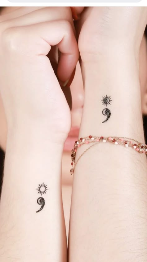 Semi-colon Tattoo Sun And Moon, Colon Tattoo, Matching Bff Tattoos, Small Girly Tattoos, Semicolon Tattoo, Hand And Finger Tattoos, Pretty Hand Tattoos, Sun Tattoos, Tasteful Tattoos