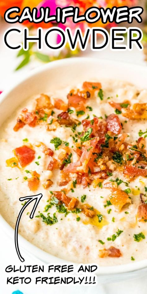 Bacon Cauliflower Chowder is gluten-free and keto-friendly and loaded with salty bacon, cream cheese, cauliflower, and seasoning for a delicious chowder recipe you'll want to make again and again! #keto #cauliflower #healthy Cheese Cauliflower, Cauliflower Chowder, Bacon Cauliflower, Cube Steak Recipes, Soup Appetizers, Bacon Soup, Chowder Recipe, Keto Soup, Meat Dinners