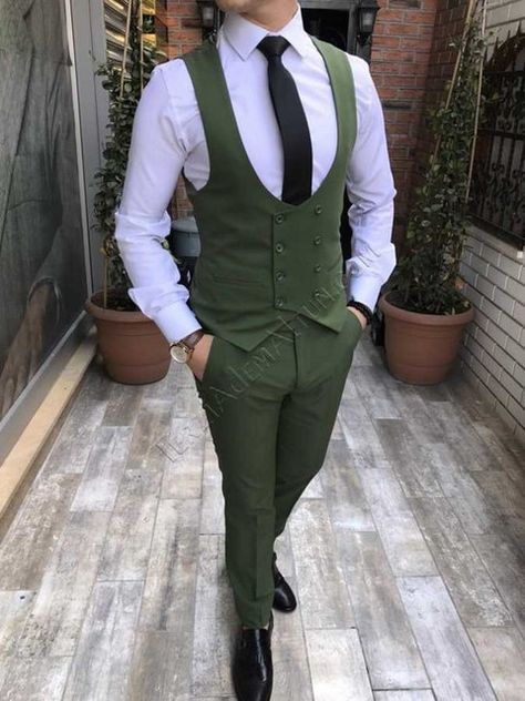 Olive Green Groom, Casual Wedding Suit, Green Groom, Green Suit Men, Wedding Best Man, Blue Slim Fit Suit, Vest Outfits Men, Best Casual Shirts, Mens Vest Fashion