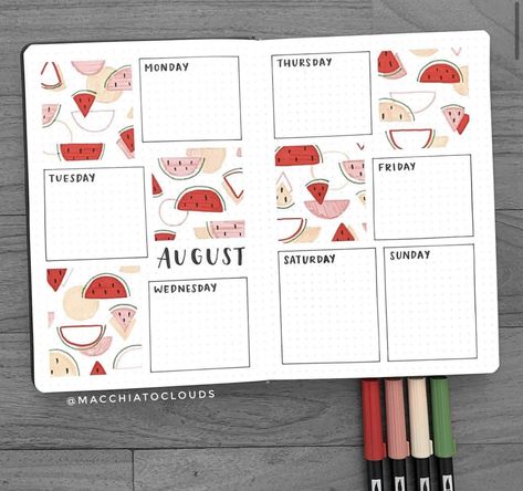 August Bujo Theme Ideas, Bullet Journal Fruit Theme, Watermelon Bullet Journal, Summer Bujo, July Bujo, August Journal, Aesthetic Planners, Bujo Themes, Goals Bullet Journal