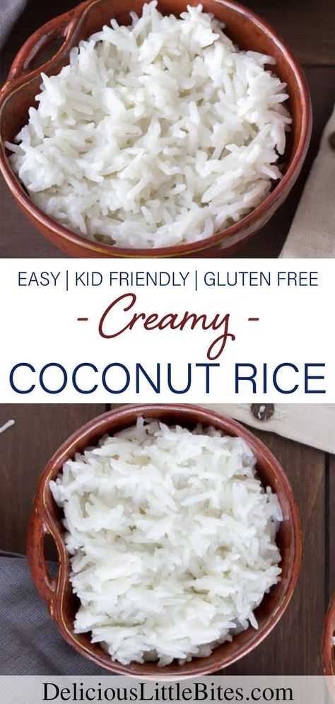 Creamy Coconut Rice - a super simple coconut rice recipe that uses only 3 ingredients and takes just 25 minutes. This is a very flavorful side dish for just about any meal! You will love it! Not only is it naturally gluten free, it's also vegetarian and kids love it too! | #coconutrice #rice Creamy Coconut Rice, Sweet Fried Plantains, Coconut Rice Recipe, Rice Side Dishes, Gluten Free Rice, Risotto Recipes, Coconut Rice, Eating Recipes, Rice Recipe