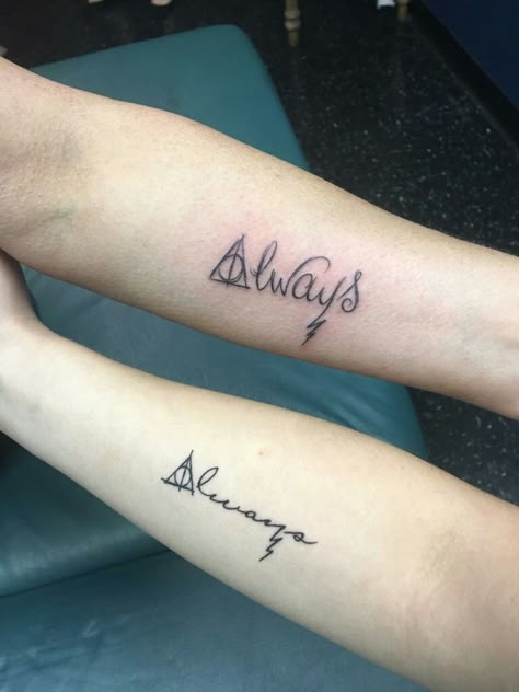 Always Tattoos Harry Potter, Harry Potter Tattoos For Best Friends, Mother Daughter Tattoos Harry Potter, Sister Tattoos Harry Potter, Mother Daughter Harry Potter Tattoos, Harry Potter Couples Tattoos, Harry Potter Sibling Tattoos, Couple Tattoos Harry Potter, Mother Daughter Tattoos Disney