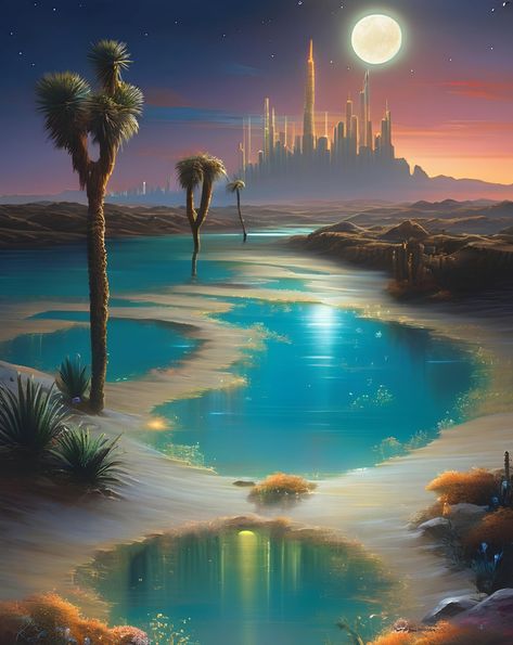 Luminescent Desert Oasis Desert Oasis Concept Art, Oasis Concept Art, Desert Cyberpunk, Vampire Cyberpunk, Dnd Desert, Purple Lemonade, Cyberpunk Universe, Cyberpunk Anime, Anime Backgrounds