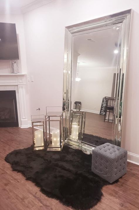 Large Living Room Mirrors, Big Tall Mirror, Tall Mirror In Bedroom Aesthetic, Large Bedroom Mirror Decor, How To Style A Large Floor Mirror, Garland On Big Mirror, Mirror On Floor In Bedroom, Large Oversized Mirror, Corner Floor Mirror Decor