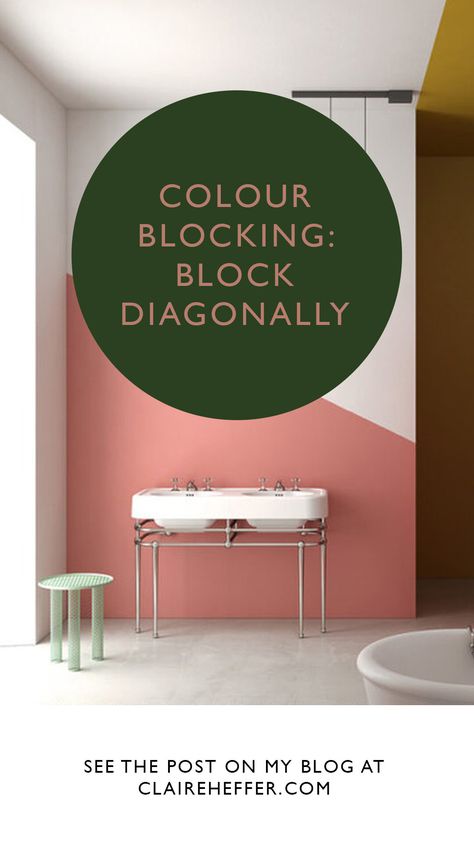 Bathroom Color Blocking, Paint Diagonal Wall, Blocks Of Colour On Walls, Diagonal Color Block Wall, Colour Blocking Ideas, Color Block Home Office, Color Blocked Bathroom, Color Block Bathroom Walls, Colour Blocking Hallway