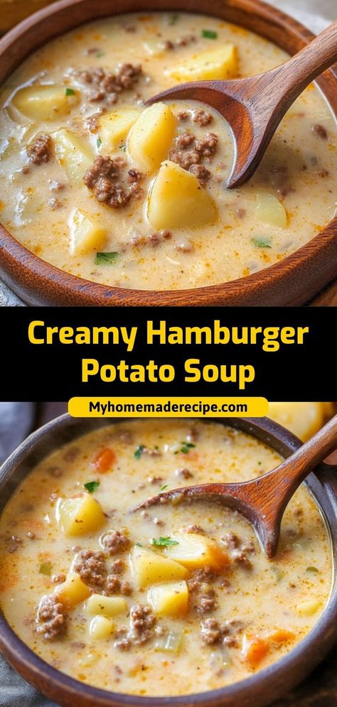 Rich, creamy, and full of hearty goodness, this Creamy Hamburger Potato Soup is the ultimate comfort in a bowl. With ground beef, tender potatoes, and a velvety broth, it’s perfect for cozy nights. Ingredients: 1 lb ground beef 3 potatoes, diced 2 cups chicken broth 1 cup heavy cream A creamy, filling soup that warms you from the inside out Creamy Hamburger Potato Soup, Beef Broth Soup Recipes, Soft Potatoes, Hamburger Potato Soup, Heavy Cream Recipes, Hearty Chicken Soup, Hamburger And Potatoes, Cream Of Potato Soup, Vegetable Soups