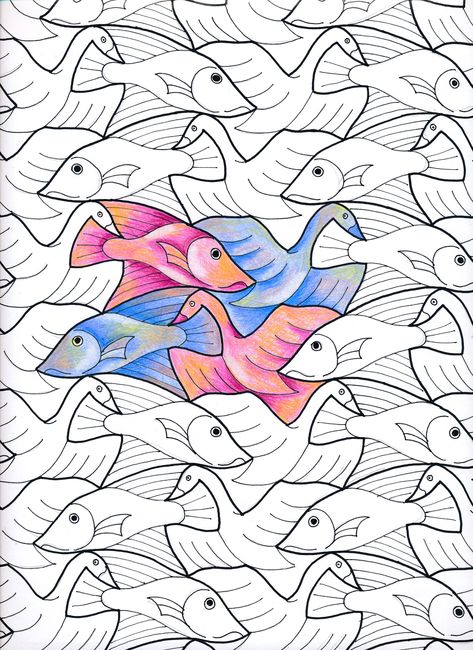 Mc Escher Tesselation, Tessellation Art Ideas, Tessellation Patterns Geometry, Tesselations Pattern, Fish Tessellation, Escher Tessellations, Tessellation Art, Escher Art, Tessellation Patterns