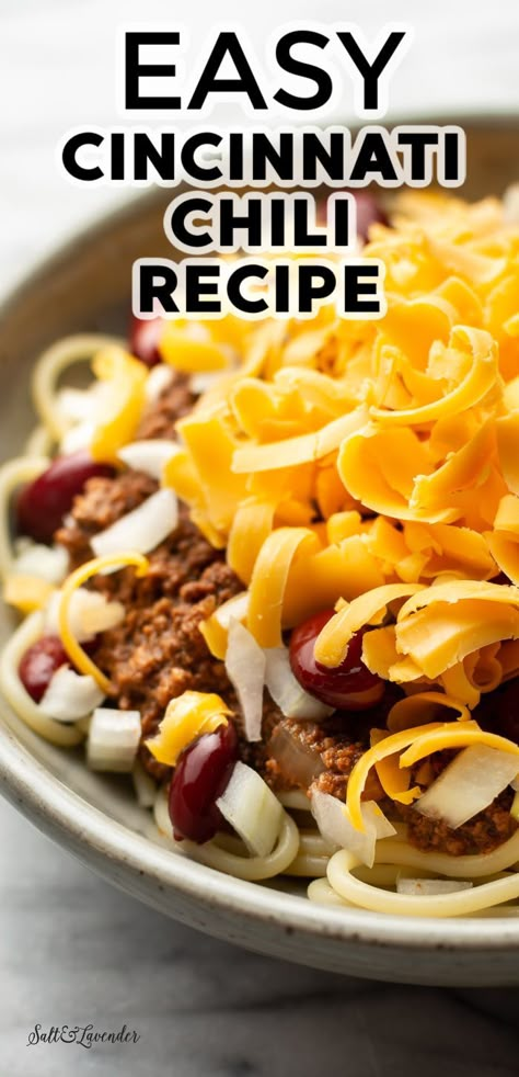 closeup of a bowl of chili with text overlay that reads easy cincinnati chili recipe Cinnati Chili, Cincinnati Chili Crockpot, Best Cincinnati Chili Recipe, Cinnicatti Chili, Cinncinati Chili Recipe, Cincinnati Chilli Recipes, Easy Cincinnati Chili Recipe, Cincinnati Chili Instant Pot, Cocoa Chili Recipe