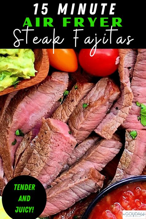 Quick and easy weeknight meal in just 15 minutes! Tender, juicy marinated steak strips, peppers and onions. Everything cooks in the air fryer making cleanup a snap! Serve with tortillas, guacamole, salsa - all your favorites! #fajitas #steakfajitas #airfryerrecipe #airfryersteakfajitas #airfryerfajitas #airfryermeal #airfryerweeknightmeal #beststeakfajitas #agoudalife Air Fryer Steak Fajitas, Flank Steak Fajitas, Steak Strips, Easy Steak Fajitas, Steak Fajita Recipe, Air Fryer Steak, Guacamole Salsa, Beef Fajitas, Best Air Fryer