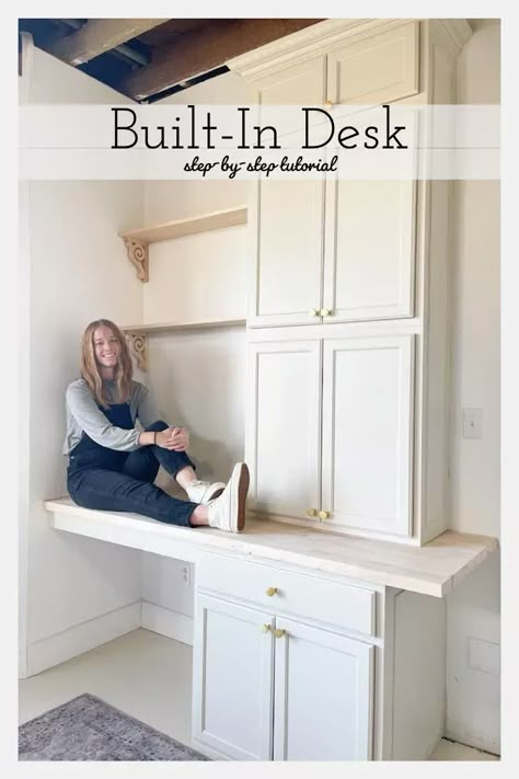 Built In Office Desk And Cabinets, Diy Built In Desk, Built In Desk And Shelves, Desk Nook, Ikea Built In, Office Built Ins, Diy Furniture Ideas, Kitchen Desks, Tons Of Money