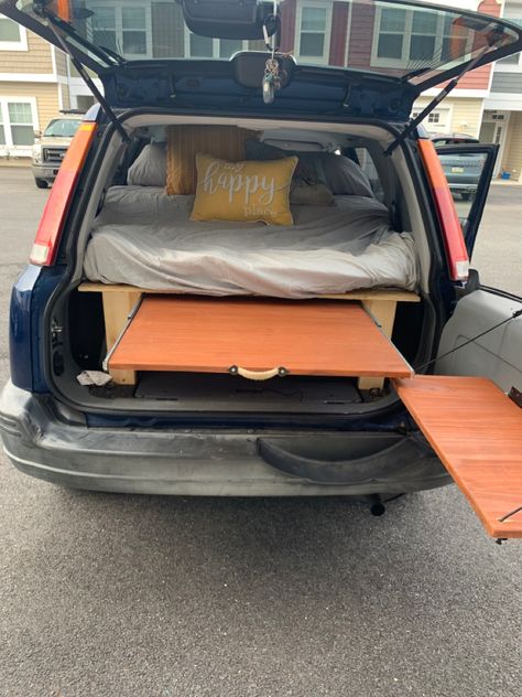 A simple car camer conversion with lots of table space and access to the crv rear table/wheel well Crv Camper Conversion, Honda Crv Camper, Crv Conversion, Honda Crv Camping, Crv Camping, Crv Camper, Suv Conversion, Car Camper Conversion, Campervan Bed