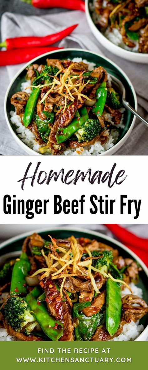 This Homemade Ginger Beef Stir Fry is fried up with ginger and garlic, and served with lots of green veg in a sweet and savoury Chinese sauce. The whole thing is finished with crispy ginger shoestring fries and a sprinkling of chilli flakes. Sweet, spicy, crunchy and totally delicious!! Serve with boiled rice or noodles. Ree Drummond Orange Ginger Steak Stir Fry, Ginger Beef Noodles, Beef And Green Peppers Stir Fry, Ginger Beef And Broccoli Stir Fry, Beef Bean Sprouts Stir Fry, Beef And Greens Stir Fry, Ginger Beef Stir Fry Recipes, Beef And Bean Sprouts Stir Fry, Thai Beef Stir Fry Recipes