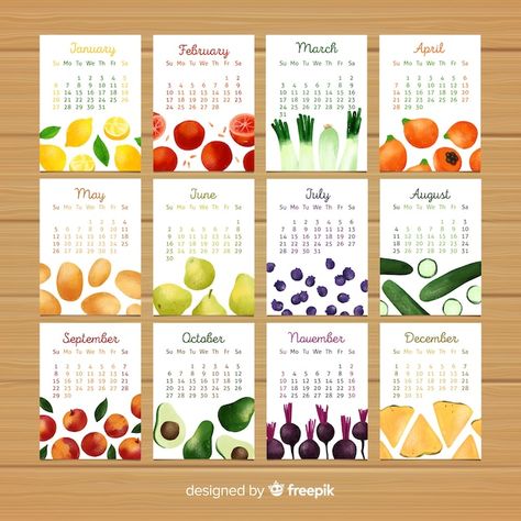 Calendar of seasonal vegetables and frui... | Premium Vector #Freepik #vector #fruits-vegetables #nutrition #monthly-calendar #vegetables-food Fruit Calendar, Food Calendar, Calendar Design Inspiration, Meal Calendar, Calendar Themes, Watercolor Calendar, Creative Calendar, Seasonal Vegetables, 달력 디자인