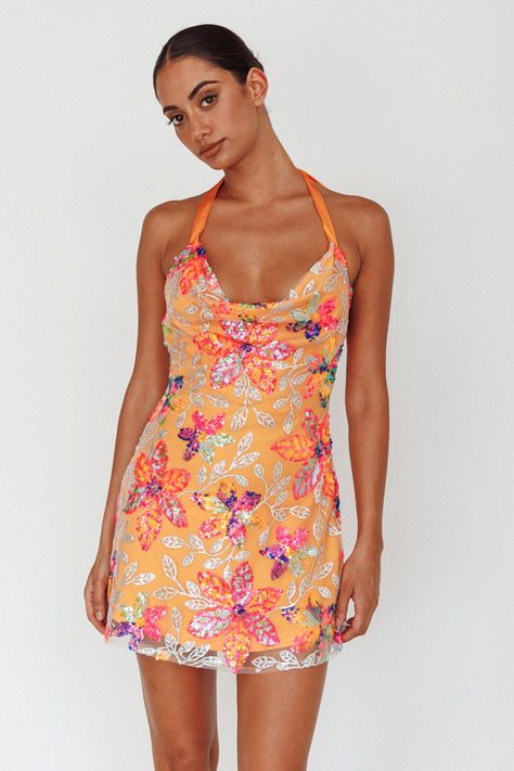 Shop the Champagne Showers Halterneck Slip Mini Dress Sequin Floral Orange | Selfie Leslie Floral Mini Dress Formal, Tropical Homecoming Dress, Bright Hoco Dresses, Hoco Dress Unique, Fun Hoco Dresses, Homecoming Dresses Floral, Orange Hoco Dress, Floral Hoco Dress, Hoco Outfits