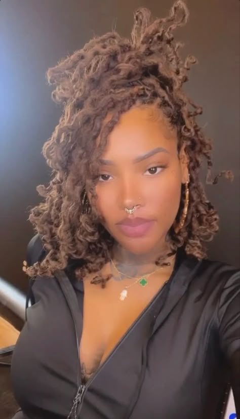 High Pony Loc Styles, Ways To Style Dreads Black Women, Dark Auburn Locs Black Women, Classy Locs Styles, Half Up Half Down Hair Black Women Locs, Curly Natural Locs, Fancy Loc Hairstyles, Formal Hairstyles For Locs, Big Curly Hair Aesthetic