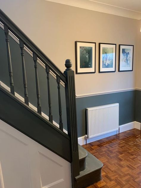 Two Colour Hallway, Painted Balustrade, Dado Rail Hallway Paint Wall Colors, Dado Hallway, Dado Rail Colour Schemes, Blue Grey Hallway, Navy Panelling Hallway, Half Panelled Staircase, Navy Blue Banister