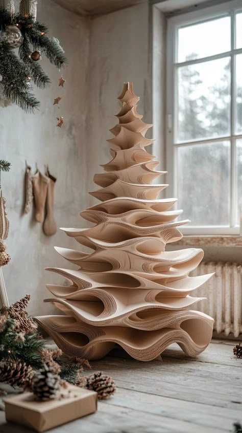 Woodland Christmas Crafts, Wooden Trees Christmas, Nordic Crafts, Cardboard Trees, Alternative Christmas Tree Ideas, Eco Friendly Holiday, Alternative Christmas, Alternative Christmas Tree, Farmhouse Christmas Tree