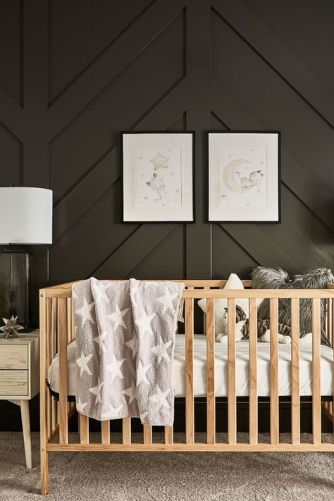 dark gender neutral nursery Charcoal Nursery Walls, Dark Gender Neutral Nursery, Dark Nursery Ideas, Dark Feature Wall, Taupe Nursery, Gender Neutral Nursery Themes, Neutral Nursery Themes, Dark Accent Wall, Dark Nursery