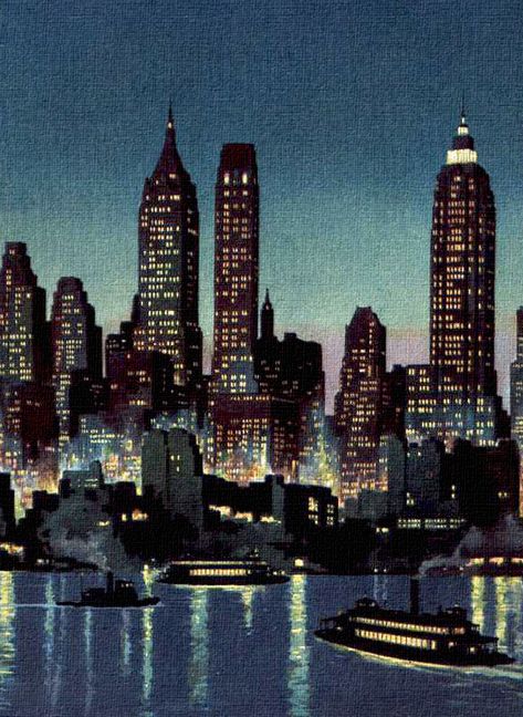 Lukisan Van Gogh, New York Drawing, Roger Wilkerson, New York Illustration, Nyc At Night, Skyline Drawing, Cityscape Wallpaper, New York Painting, Skyline Painting