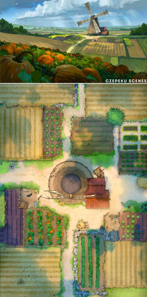 It's literally been 4 years to the day since we released our Windmill Farm Battlemap and today we've released our scene! Time to spend a summer helping out on the farm I reckon! 🧑‍🌾 Farm Fantasy Art, Dnd Farm Map, Farm Battlemap, Fantasy Windmill, Cinematic Scene, Fantasy Farm, Village Festival, Shadow Creatures, Fantasy City Map