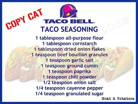 Taco bell taco seasoning Taco Bell Meat Seasoning, Taco Bell Meat Recipe, Taco Bell Taco Seasoning, Taco Bell Seasoning, Taco Bell Taco, Taco Bell Sauce, Taco Bell Recipes, Homemade Recipe Books, Homemade Dry Mixes