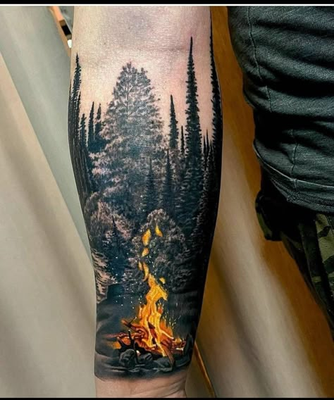 Men’s Forest Tattoos, Forest Calf Tattoo, Guy Tattoos Forearm, Men’s Tatoos Designs, Outdoor Leg Tattoo, Backhand Tattoos Men, Country Tattoos For Men Cowboys, Men’s Sleeve Ideas, Outdoor Themed Tattoos