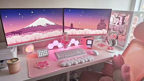 Pink and white gaming setup. White And Pink Computer Setup, White Dual Monitor Setup, Gaming Setup Two Monitors, Sakura Gaming Setup, White And Pink Gaming Setup, Pink And White Pc Setup, Cherry Blossom Gaming Setup, Pink And White Gaming Setup, Two Monitor Desk Setup Office