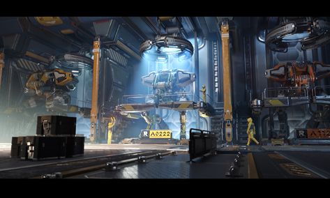 Sci Fi Garage, Scifi Factory, Sci Fi Factory, Sci Fi Hangar, Futuristic Factory, Sci Fi Environment Concept Art, Sci Fi Floor, Robot Factory, Scifi Environment