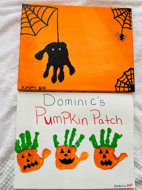 October Themes For Infants, Pumpkin Art Infants, Jack O Lantern Handprint, Pumpkin Hand Print Crafts For Kids, Cute Halloween Handprint Crafts, Halloween Crafts Daycare, Pre K Halloween Art Projects, Fall Hand Painting For Kids, Young Toddler Fall Crafts