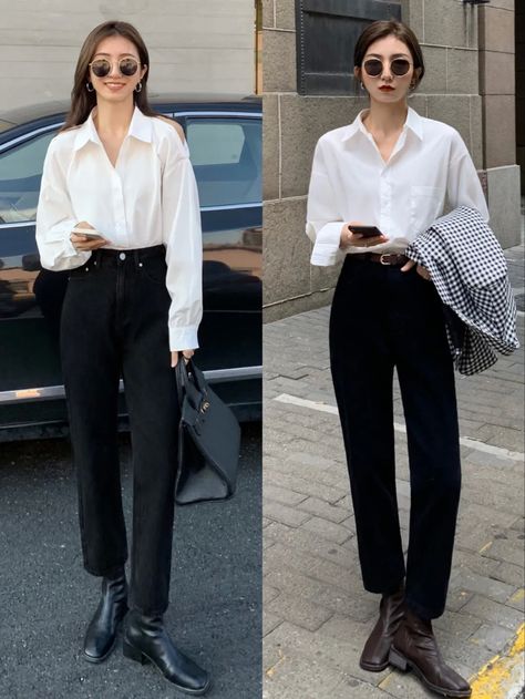 Polo Outfit Women's Korean, White Polo Outfit, Korean Street Fashion Women, Business Casuals, Classic Fashion Looks, Polo Outfit, Formal Wear Women, Casual College Outfits, High Fashion Outfits