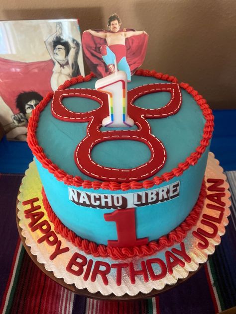 Nacho Libre Cake Ideas, Nacho Libre Party Decorations, Nacho Libre Birthday Cake, Nacho Libre 1st Birthday Party, Nacho Libre Party Ideas, Nacho Libre Themed Birthday Party, Nacho Libre Cake, Luchador Cake, Lucha Libre Cake