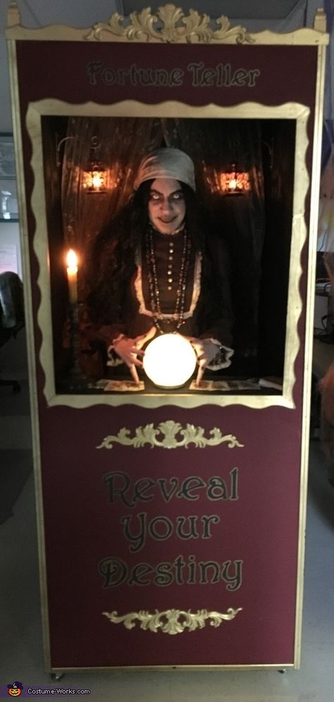 Adelkys: I made this Fortune Teller Booth on wheels for easy mobility. I saw some ideas online for the booth but i wanted to be a LIVE interactive fortune teller. I... Scary Fortune Teller, Creepy Fortune Teller, Fortune Teller Ideas, Halloween Fortune Teller Costume, Fortune Teller Booth, Clowns Halloween Decorations, Scary Carnival, Halloween Fortune Teller, Scary Circus