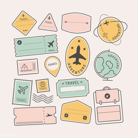 Travel stickers and badge set vector | premium image by rawpixel.com / Mon Stickers Printable Free, Travel Stickers Printable, Display Stickers, Airplane Illustration, Postage Stamp Design, Travel Stamp, Passport Stamps, Karakter Disney, Travel Icon