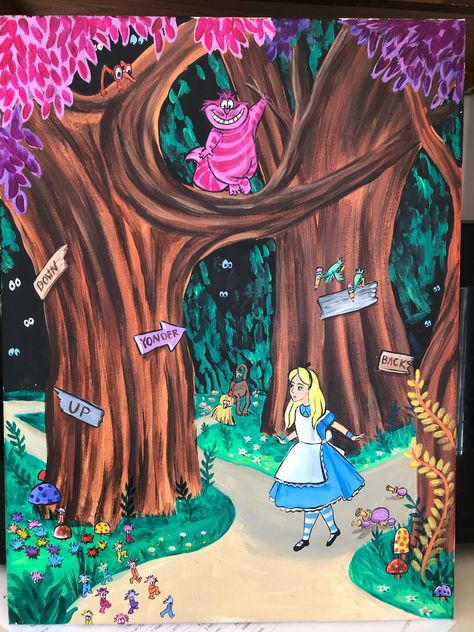 Alice in Wonderland painting from my #etsy shop: Alice in wonderland trails through the forest#aliceinwonderlsnd#wonderland#tulgdywoods#disney#disneyart#fanart Alice In Wonderland Wall Painting, Alice In Wonderland Woods, Alice In Wonderland Path, Painting Ideas Alice In Wonderland, Alice In Wonderland Forest, Alice In Wonderland Signs, Tulgey Woods, Alice In Wonderland Drawing, Alice In Wonderland Scenes