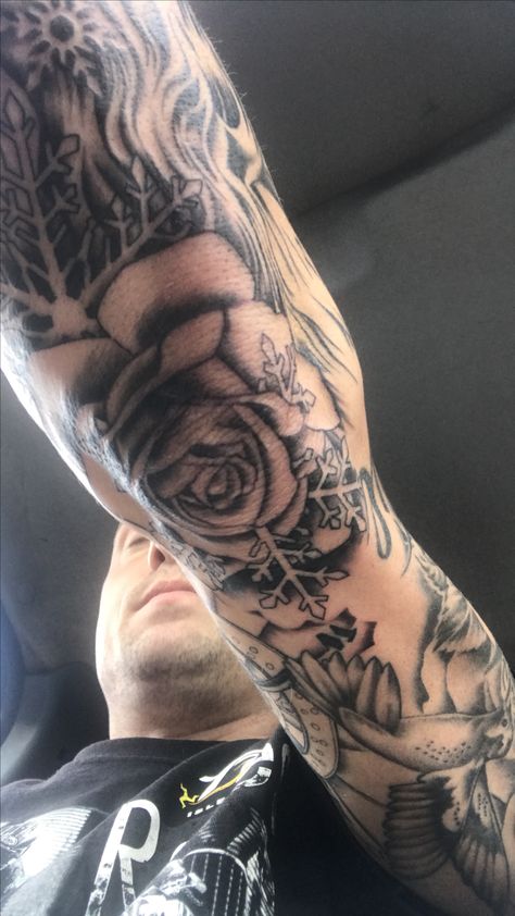 A Nice rose and snowflake elbow,an hour after done Rose Elbow Tattoo, Elbow Tattoos, Unique Tattoos, Sleeve Tattoos, Tattoos For Guys, Flower Tattoo, Tatting, Tattoo Ideas, Tattoos