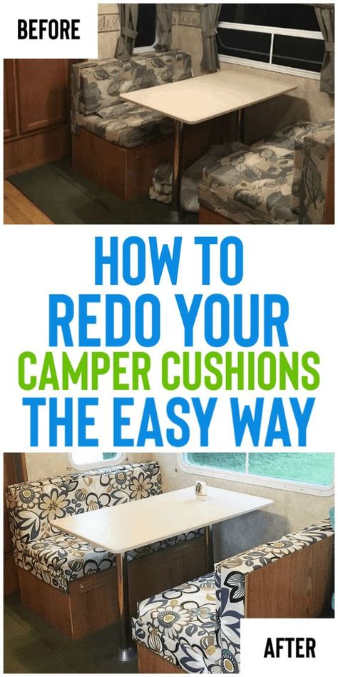 How To Reupholster Camper Cushions The Easy Way - Organization Obsesssed Reupholster Camper Cushions, Pop Up Campers, Astuces Camping-car, Camper Cushions, Popup Camper Remodel, Glamper Camper, Camper Trailer Remodel, Camper Organization, Vintage Camper Remodel