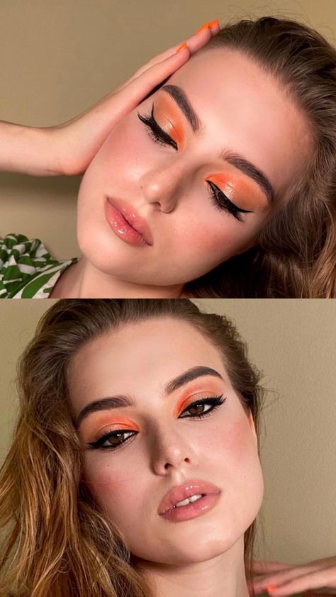 Fall Makeup Blue Eyes, Orange Eye Makeup Soft, Orange Eye Look, Makeup Blue Eyes, Orange Eye Makeup, Makeup Brush Uses, Bridal Makeup Tutorial, Soft Eye Makeup, Orange Eyeshadow